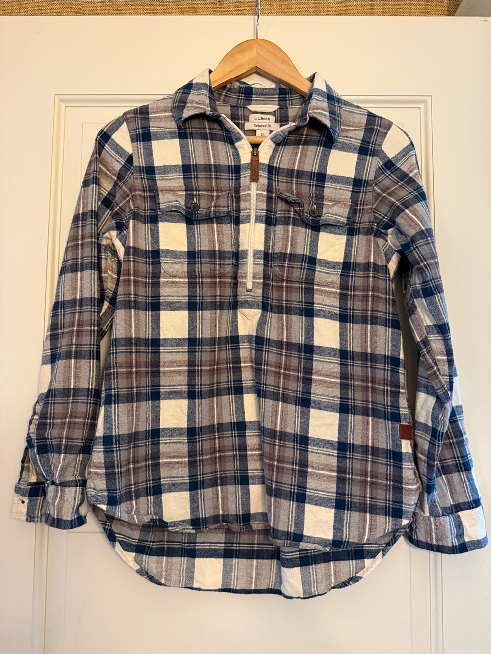 L.L. Bean Navy, Brown and White Plaid Half-Zip Button-Down Shirt